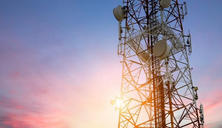 Satellite dish telecom network at sunset communication technolog